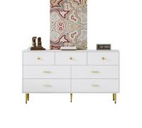 FOERPL Commode Blanc avec 7 Tiroirs, Meuble de Rangement avec Pieds,140 x 35 x 76cm Commode à 7 tiroirs Scandinave Blanc pour Salon,Chambre,Entrée