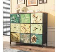 FOERPL Commode pour Salon,Meuble de Rangement avec 9 Tiroirs en Tissu,Chiffonnier Rétro - Structure en Métal,Plateau en MDF Bois,Série Fleurie