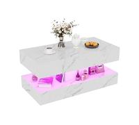 FOERPL Table Basse Effet Marbré avec LED RGB, Table de Salon Moderne avec 2 Tiroirs et Etagère Ouvert, Table de Canapé Rectangulaire, Blanche Brillante,100x50x45cm