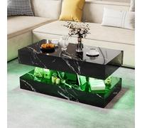 FOERPL Table Basse Effet Marbré avec LED RGB, Table de Salon Moderne avec 2 Tiroirs et Etagère Ouvert, Table de Canapé Rectangulaire, Noir Brillante,100x50x45cm