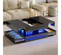 FOERPL Table Basse Extensible avec LED, Table Basse Carrée avec Tiroirs de Salon 78x78x43 cm Table BasseCarrée avec LED Couleur Ajustable Table BasseNoir avec Rangement etLed pour Salon Bureau