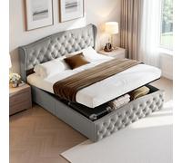 Fofetbfo Lit capitonné, 160 x 200 cm, rembourré, avec coffre de lit, lit double avec espace de rangement, hydraulique, avec tête de lit, lit fonctionnel, en velours, gris, 160 x 200 cm