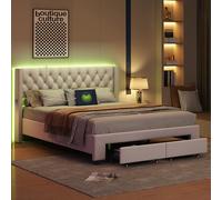 Fofetbfo Lit Double rembourré, 140 x 190 cm, avec 2 tiroirs, LIt 140x190 avec sommier, tête de lit capitonné avec LED et USB, Lits Fonctionnel avec à Lattes, Lits Adulte Lit 2 Places, Beige (140x190)