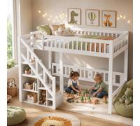 Fofetbfo Lit Superposé Enfant avec escalier à Angle Droit 140 x 200 cm, Lit Mezzanine Enfant avec Espace de Rangement, Protection Anti Chute, Lit cabane Enfants lit Double lit Simple, Blanc