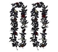 Fofetbfo Lot de 2 guirlandes de roses artificielles de 180 cm pour Halloween, guirlandes de roses rouges avec feuilles noires et baies dorées, guirlande de fleurs artificielles à suspendre pour