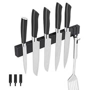 FOGARI Barre magnétique pour couteaux 40 cm avec 3 crochets en acier inoxydable sans perçage Porte-couteaux magnétique pour ustensiles et outils (noir)