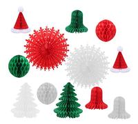 FOGAWA 12pcs Eventails en Papier Rouge Boules en Nid d'abeille pour Noël 3 Couleurs Noel Éventail Rond Décoration d'éEventail en Papier Arbre de Noël en Papier pour Les fêtes de Noël