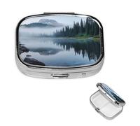 Foggy Lake by Mount Rainier Pilulier carré portable à 2 compartiments pour poche ou sac à main, pilulier hebdomadaire, organiseur décoratif en métal pour médicaments, vitamines, cadeau de voyage