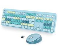 Fogruaden Clavier et souris bleus sans fil, clavier rétro pour machine à écrire, 2,4 GHz, 104 touches, clavier mignon avec pavé numérique, clavier coloré bleu avec touches rondes rétro pour PC Windows
