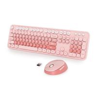 Fogruaden Clavier et souris de machine à écrire rétro rose sans fil, 2,4 GHz, clavier d'ordinateur coloré avec pavé numérique et souris mignonne pour ordinateur de bureau Windows PC ordinateur