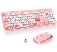 Fogruaden Ensemble clavier et souris sans fil, clavier rétro rose pour machine à écrire, 2,4 GHz, clavier d'ordinateur rond mignon avec pavé numérique, clavier coloré rose pour PC et ordinateur