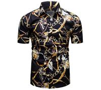 fohemr Chemise Baroque pour Homme Luxury Gold Chain Pattern Shirt Manches Courtes Bouton Paisley Shirt Casual Shirt Noir Small