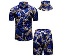 fohemr hommes baroque ensemble de deux pièces modèle de luxe noir chemise short avec chapeau de pêcheur Casual set vacances d'été Beach set 5X-Large