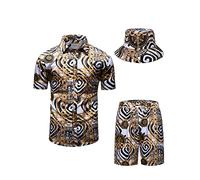fohemr hommes baroque ensemble de deux pièces or chaîne motif blanc chemise short avec chapeau de pêcheur Casual set vacances d'été plage set 4X-Large