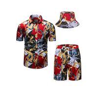 fohemr hommes baroque ensemble de deux pièces or chaîne motif chemise rouge short avec chapeau de pêcheur Casual set vacances d'été plage set Large