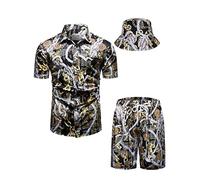 fohemr hommes baroque ensemble de deux pièces or motif chaîne noir chemise short avec chapeau de pêcheur Casual set vacances d'été plage set Medium