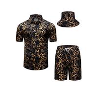 fohemr hommes baroque ensemble de deux pièces or motif chaîne noir chemise short avec chapeau de pêcheur Casual set vacances d'été plage set Small