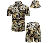 fohemr hommes baroque ensemble de deux pièces or motif chaîne noir chemise short avec chapeau de pêcheur Casual set vacances d'été plage set Small
