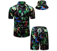 fohemr hommes baroque ensemble de deux pièces or motif chaîne noir chemise short avec chapeau de pêcheur Casual set vacances d'été plage set 5X-Large