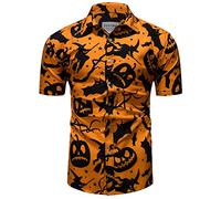 fohemr Hommes Halloween Chemise Manches Courtes Slim-fit Casual Shirt Citrouille Bat Witch Motif Fun Fun Chemise hawaïenne Chemise Orange XX-Large