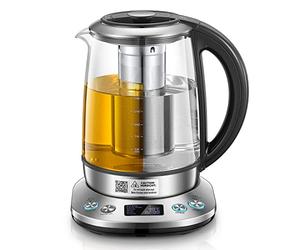 FOHERE Bouilloire électrique en Verre, Théière Electrique Température Réglable 2200w, Fonction de Maintien au Chaud 120 Mins, Infuseur à thé Amovible, 1.7L
