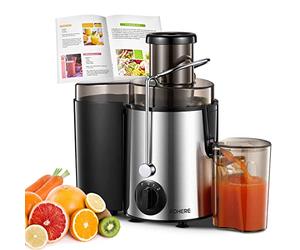 FOHERE Centrifugeuse Extracteur de Jus pour Fruits et Légumes 800W Max | Plein de Vitamines en Quelques Secondes, Large goulot 65mm, 3 Vitesses avec Pulse, Sécurité, Inox & Livre de Recettes
