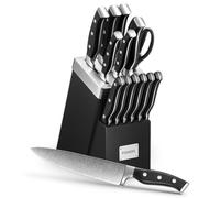 FOHERE Couteau Cuisine, 14 Pièces Bloc de Couteaux avec Affûteur Intégré, Set Couteau Cuisine en Acier Inoxydable, Bloc Noir en Bois