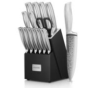 FOHERE Couteau Cuisine, 14 Pièces Bloc de Couteaux avec Technologie Affûteur Intégré, en Acier Inoxydable, avec Bloc Couteaux en Bois