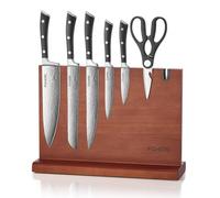 FOHERE Couteau Cuisine, 7 Pièces Bloc à Couteaux Magnétique Double Face, Porte Couteaux Aimanté en Bois avec Aimant Extra Puissant, Blocs Porte Couteau Magnétique en acacia avec Aiguiseur
