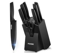 FOHERE Couteaux de Cuisine 8 Pièces Bloc Couteaux Cuisine avec Affuteur Bloc de Bois, Ensemble de Couteaux de Cuisine en Acier Inoxydable, Noir