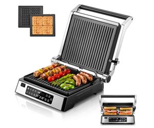 FOHERE Gril Électrique Multifonction 4 en 1 Appareil Panini | Plaques amovibles antiadhésives, sandwichmaker, ouverture 180º, temps température personnalisés, LED 2200W
