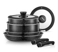 FOHERE Set Poêle et Casserole Induction 8 Pièces avec 2 Poignées Amovibles | Avec 2 Couvercle, Poêles 20/28 cm, Casserole 16/20 cm, Tous Feux Dont Induction, Revêtement Antiadhésif, Aluminium