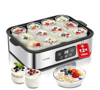 FOHERE Yaourtière 12 pots 180 ml, 25W Machine à Yaourt Maison, Programmable, Ecran LCD, Corps en Acier Inoxydable, Sans BPA, Compatible au lave vaisselle, Arrêt Automatique