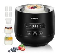 FOHERE Yaourtière 2 XXL pots en Verre 2000 ml et 1400 ml, 4 * 125 ml Tasse en Céramique avec Couvercle, 8 Programmes Automatiques, Ecran LCD, Arrêt Automatique, Sans BPA, 20 Watts