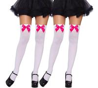 Fohevers Lot de 2 chaussettes hautes pour femme avec nœud en satin - Opaque au-dessus des genoux - Blanc avec arcs roses, Blanc avec arcs roses, taille unique