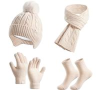 Fohuanky Ensemble Bonnet Écharpe Gants et Chaussettes pour Enfants - Bonnet Tricoté Doublé Polaire à Oreillettes - Set Hiver Garçons et Filles pour Temps Froid