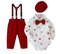 Fohuanky Tenue de Noël pour bébé garçon Vêtements de fête pour tout-petits Ensemble 4 pièces pour petit gentleman Body, nœud papillon, chapeau et pantalon avec bretelles