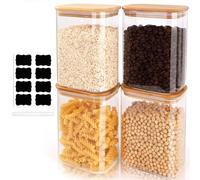 FoiiLiio 1,25 L Rectangle Conteneurs en Verre Lot de 4 Bocaux en Verre Avec Couvercles en Bambou Φ12x8x15cm Bocaux Rangement Cuisine en Verre pour Céréales, Cornflakes, Haricots