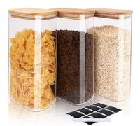 FoiiLiio 1,7 L Rectangle Conteneurs en Verre Lot de 3 Bocaux en Verre Avec Couvercles en Bambou Φ12x8x20cm Bocaux Rangement Cuisine en Verre pour Céréales, Cornflakes, Haricots