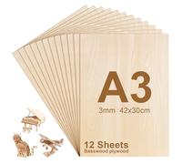 FoiiLiio 12 Pièces A3 Contreplaqué 3mm, Feuilles de bois de tilleul 42 x 30cm, Feuilles de bois minces pour modélisme, gravure, découpe laser et pyrogravure