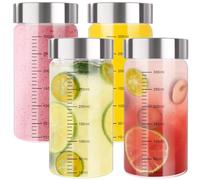 FoiiLiio 4 Pièces Bouteille Verre 300ml,Bouteilles en Verre Couvercle en Acier Inoxydable,bouteilles pour jus,Avec graduation de mesure,Bouteilles en Verre Vides pour Lait et Jus,Smoothies,Boissons
