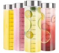 FoiiLiio 4 Pièces Bouteille Verre 500ml,Bouteilles en Verre Couvercle en Acier Inoxydable,bouteilles pour jus,Avec graduation de mesure,Bouteilles en Verre Vides pour Lait et Jus,Smoothies,Boissons