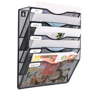 FoiiLiio 5 Compartiments Métal Porte Document Mural A4 Porte Revue Mural, Organisateur de Bureau à Suspendre, Corbeille à Courrier Murale, Organisateur de Bureau Mural avec Étiquette Nominative (Noir)