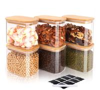 FoiiLiio 800 ML Rectangle Conteneurs en Verre Lot de 6 Bocaux en Verre Avec Couvercles en Bambou Φ12x8x10cm Bocaux Rangement Cuisine en Verre pour Céréales, Cornflakes, Haricots
