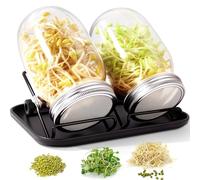 FoiiLiio Bocal de Germination, 2 x 1000ml Bocal de Germination de Graines, 2 Couvercle à Grille en Acier Inoxydable, 2 Support, 1 Noir Plateau, kit de Bocal à Germes pour Brocoli Haricots Verts