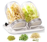 FoiiLiio Bocal de Germination, 2 x 1000ml Bocal de Germination de Graines, 2 Couvercle à Grille en Acier Inoxydable, 2 Support, 1 Blanc Plateau, kit de Bocal à Germes pour Brocoli Haricots Verts