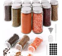 FoiiLiio Ronds Pot à Épices en Verre, 12 x 120ml Bocaux à Épices Françaises avec Couvercle Hermétique, Boite a Epices Cuisine Rangement avec Tamis, 48 Étiquettes Vierges, Stylo, Entonnoir