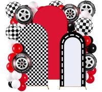 Foilswirl Lot de 34 décorations de fête en forme de voiture de course de 1,2 m, 1,5 m, 1,8 m - Housses de fond en élasthanne à carreaux rouges et noirs - Ballons en aluminium pour fête d'anniversaire