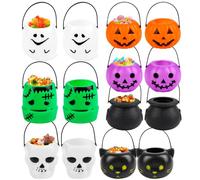 FOIMAS Lot de 14 mini chaudrons à bonbons d'Halloween, citrouille, fantôme, seau à bonbons avec poignées pour tours ou friandises d'Halloween, décoration de la maison