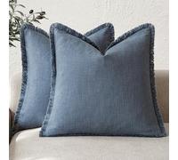 Foindtower Ensemble de 2 housses de coussin décoratives à franges en lin de style rustique avec pampilles pour chaise canapé, lit, salon, décoration d'intérieur, 50 x 50 cm, bleu foncé